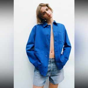 NWT ZARA Bright Blue Buttoned Women’s Chore Jacket Overshirt Size M